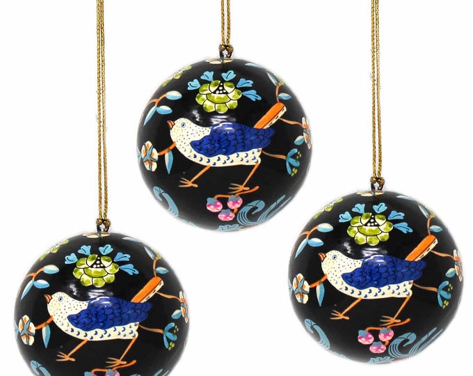 Summer Solstice Ornaments, Hand-Painted Birds Flowers, Set of 3, Glossy, Delicate, Party or Window or Porch Decor, Art Nature Lovers