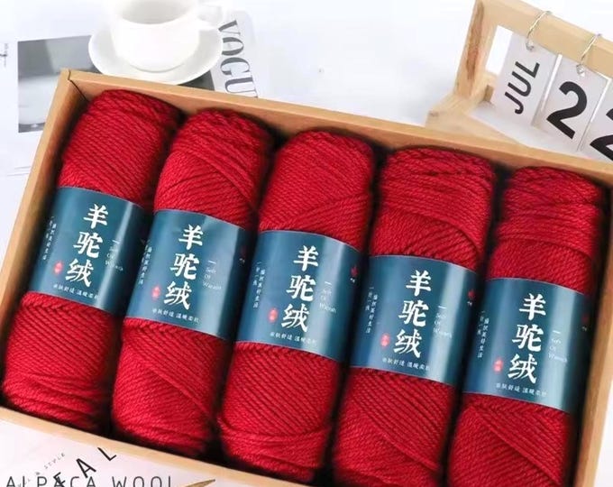 5 Sets Cashmere Alpaca Wool Yarn in Box, Winter Red, Crochet, Medium Thick, High Grade Handwoven, 500 grams Bundle, DIY Stocking Stuffer