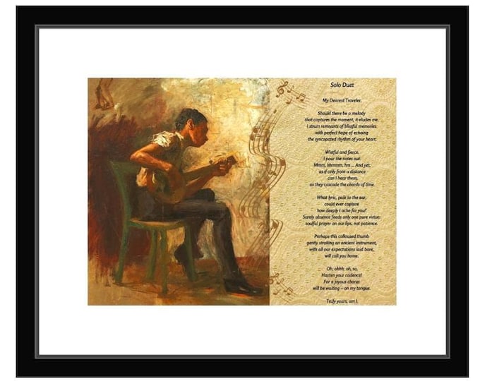 Fabric Canvas Print, Original Poem with Painting, Framed or Mounted Wrap, 16x20 inch, Banjo Plays Solo Duet, Ships from US, Gift for Him