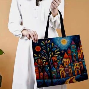 クロスステッチ キャンバストートバッグ、刺繍バッグキット、月明かりに照らされた夜のカラフルな家、11CT、プリントキャンバス、Live High Designs、母の日ギフト