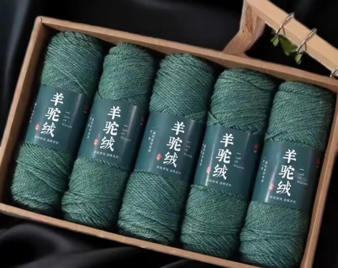 5 Sets Cashmere Alpaca Wool Yarn in Box, Sage Green, Crochet, Medium Thick, High Grade Handwoven, 500 grams Bundle, DIY Stocking Stuffer