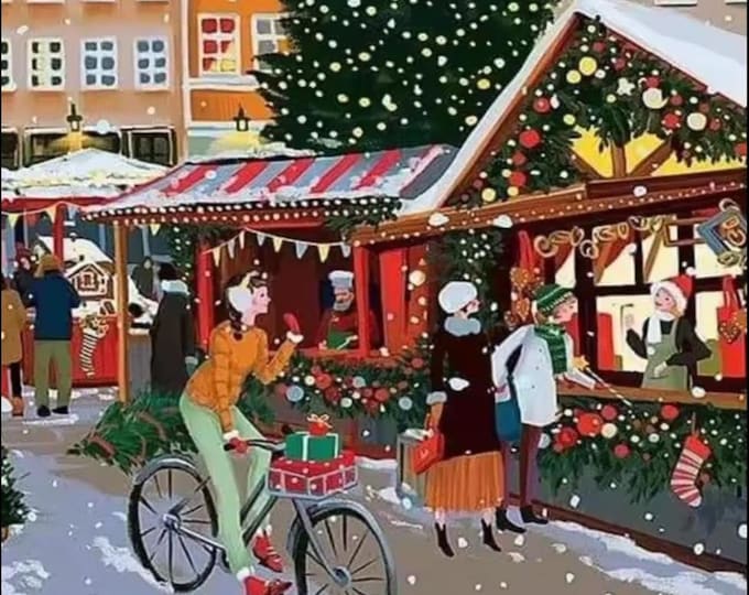DIY Paint by Numbers Kit, Winter Town Shopping, 3 Size Choices, Optional Frame, Party Fun or DIY Decor, Try Something New