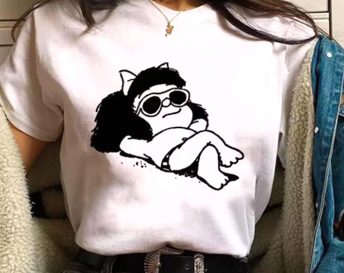 Mafalda Sun Bathes T-Shirt, Latin American Comic Icon, Funny Graphic Tee, Adult or Child, Make Smiles