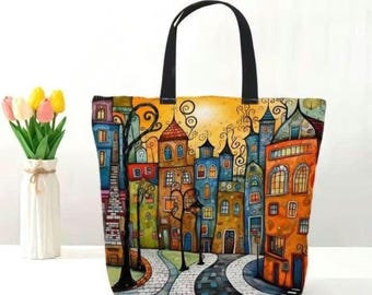 Embroidery Bag Kit to Cross Stitch a Canvas Tote, Colorful Houses in Bright Sunlight, 11CT, Painted Canvas, Craft Fashion, Live High Design