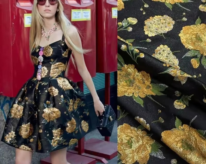 Fabric, Gold Silk Brocade Jacquard, Yarn Dyed, DIY Sew Dress Suit Jacket, Collages, Fabric Crafts, 1.53 m Wide, Sold By the Meter