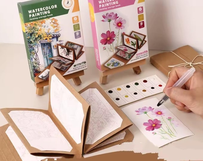 Watercolor Travel Kit, Solid Paints, Expandable Craft Paper Folder, Pen, Printed Art Renderings, Gift, When Cannot Leave the Art Home