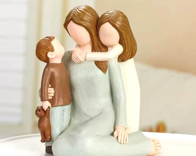 Mother Love Figurine, Woman Child Boy and Girl, Hand painted, Family Embrace, Resin, Table Desk Decor, 5x3.3 inch, Rustic, Memoray Keepsake