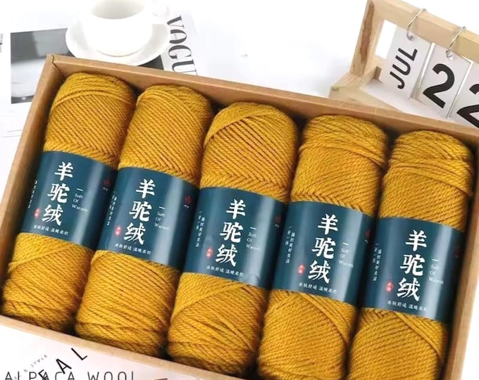 5 Sets Cashmere Alpaca Wool Yarn in Box, Deep Yellow, Crochet, Medium Thick, High Grade Handwoven, 500 grams Bundle, DIY Stocking Stuffer