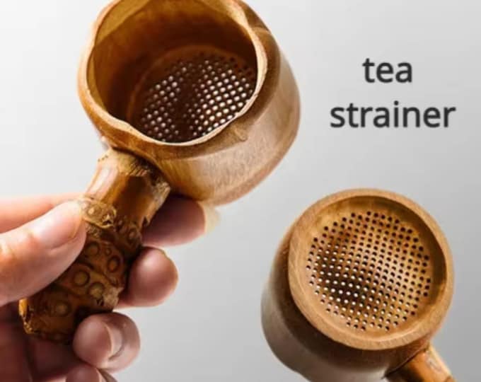Natural Bamboo Tea Scoop Infuser, Carved Handle, Varietal Tea Leaf Filter Sieve, Brewing Drinkware Tool,  Ecofriendly Stocking Stuffer Gift