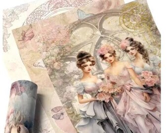 Rice Paper, Belles of the Ball, Soft Floral Tones, Scrapbook, Junk Journal, Decoupage, Cards or Planner, Gift Wrap, 8 pieces