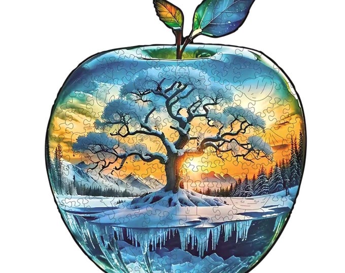 Wood Jigsaw Winter Puzzle, Apple Shape, Unique shaped pieces, 5mm Extra Thick, Winter or Snow Season Party Fun, Preserve as Wall Decor