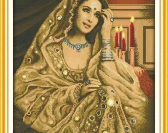 Embroidery Kit, Cross stitch 11 or 14CT, PRINTED Canvas, Large Canvas Size, Golden Sari, Gift Beauty