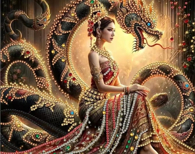 Diamond Paint Kit, Beauty and the Dragon, Asia Inspired Craft, DIY Crystal Mosaic, Round Drill, 30x25 cm, Easy Beginners, Dynamic