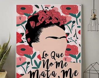 Frida Kahlo Portrait, Floral Painting Print, Poly Canvas, Abstract Art, Mexico Women Icon, Large Sizes Available, Free Ship, Three Kings Day