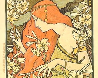 Diamond Painting Kit, Paul Berthon image, Vintage Nouveau, Modern Art, 30x40, Round Drill, French Art, Floral, Elegant, Sheek