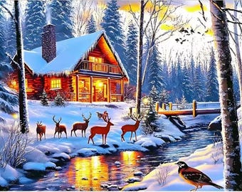 1000 Pieces Jigsaw Puzzle, Snowy Winter Cabin, Large, Boxed, All Winter Season Party Fun, Preserve as Wall Decor,