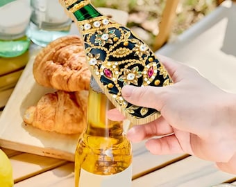 Diamond Paint a Bottle Opener, Carved Wooden Champagne Shape, Magnet attached, Crystal Mosaic Kit, Bling Kitchen Decor, Fun Bright Day