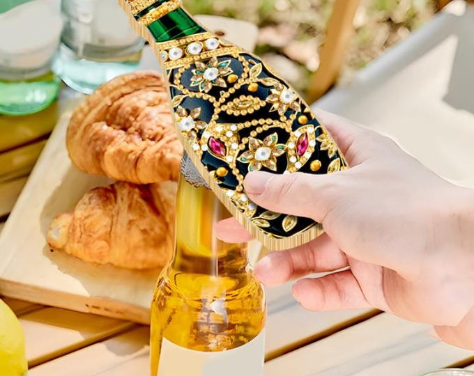 Diamond Paint a Bottle Opener, Carved Wooden Champagne Shape, Magnet attached, Crystal Mosaic Kit, Bling Kitchen Decor, Fun Bright Day
