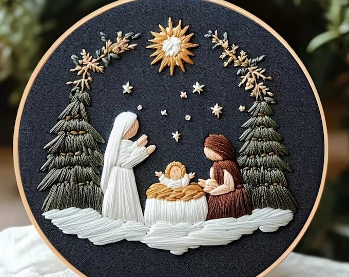 Embroidery DIY, Starter Kit, Holy Mother and Child, Printed Cross Stitch Beginners, Cotton Thread, Hoop, DIY Decor or Gift