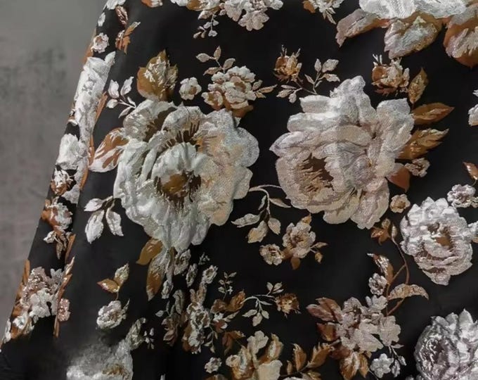 Fabric, Black Floral Gold Wire Jacquard, Coat, Dress, Textile, Bags, Table, Upholstery Curtain, Crafts, 142 cm Wide, Sold By the Meter