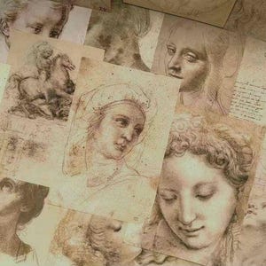 Bocetos de Leonardo da Vinci, papel decorativo, álbumes de recortes, decoupage, revistas basura, calendarios, collages, ilustraciones de libros, tarjetas, papel para envolver regalos