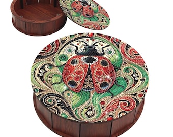 Diamond Paint a Wooden Box Kit, LADYBUG Special Shape, for Snacks, Buttons, Drills, Supplies, Scraps, Handmake Useful Artisan Gift, Pretty