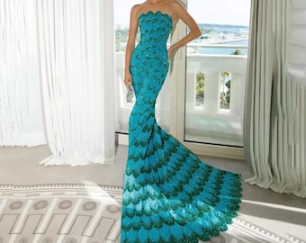 Dress, All Year Sequined Formal Gown, Green, Scallop Design, with Beads, Floor Length with Train, Off Shoulder, Custom Sizes, Tailored