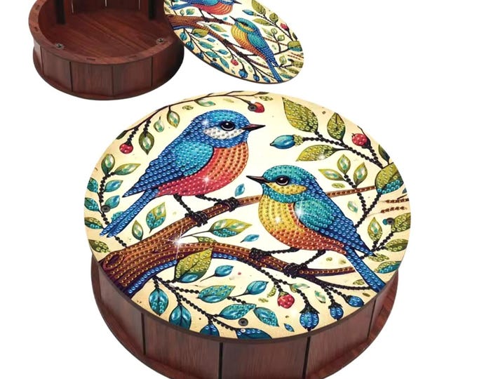 Diamond Paint Wooden Box Kit, SONGBIRDS Special Shape, for Snacks, Buttons, Drills, Supplies, Scraps, Handmake Useful Artisan Gift, Pretty