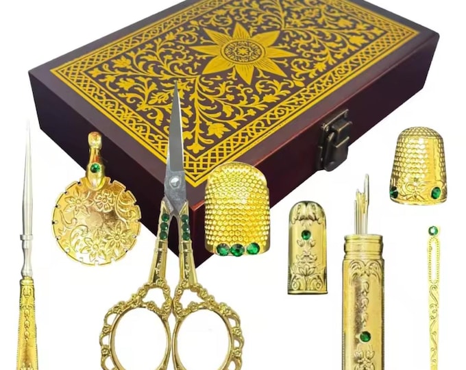 Vintage Sewing Kit in Wood Box, Gold Color Embroidery Tools Gift Set, Designed Wood Case, Portable, Premium Look, Complete Set