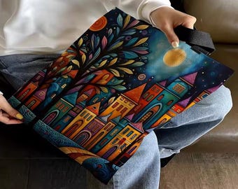 Cross Stitch a Canvas Tote, Embroidery Bag Kit, Moonlit Colorful House at Night, 11CT, PRINTED Canvas, Live High Designs, Mother's Day Gift