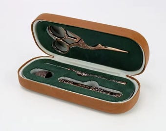 Mini Sewing Kit in Eyeglass Case, Full Travel Set, Bronze or Silver, Portable Quality Sew Embroidery Tools, Scissor Thimble, Elegant Cute