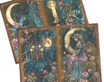 Gothic Midnight Garden Decorative Paper and Stickers, Decoupage, Scrapbook Kit, Junk Journal, Collage, Gifts, 52 pieces, Floral, Multiethnic
