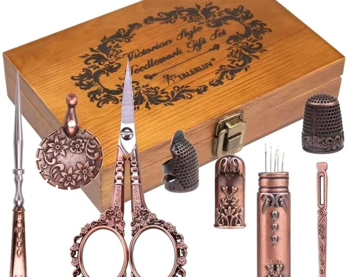 Vintage Sewing Kit in Wood Box, Bronze Embroidery Tools Gift Set, Inscribed Case, Victorian Scissors, Portable, Premium Look, Complete Set