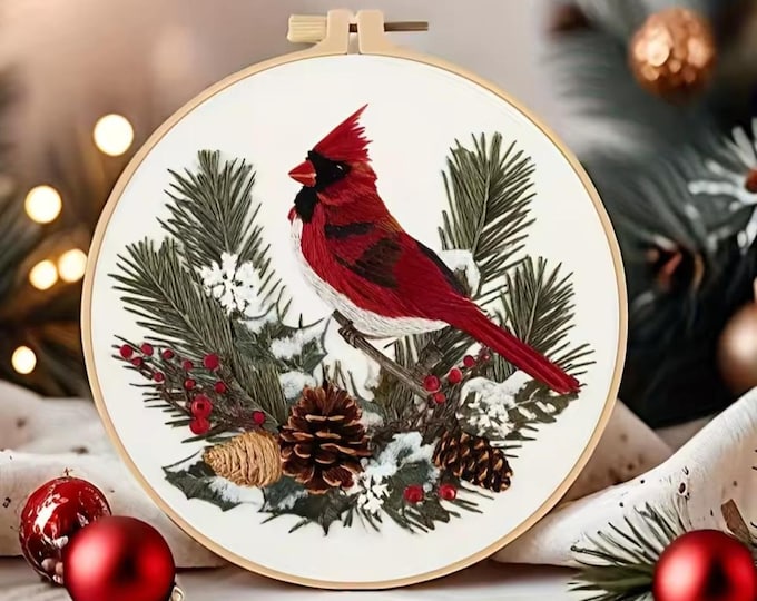 Embroidery DIY, Starter Kit, Winter Cardinal in Forest, Printed Cross Stitch Beginners, Cotton Thread, Bamboo Hoop, DIY Decor or Gift