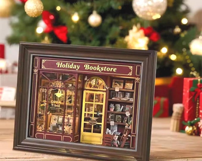 3D Book Nook, Holiday Bookstore DIY Mini Replica Kit, Mount as Wall Art, USB Lights, Wooden Diorama, Adult or Teen, Gift Holiday Charm