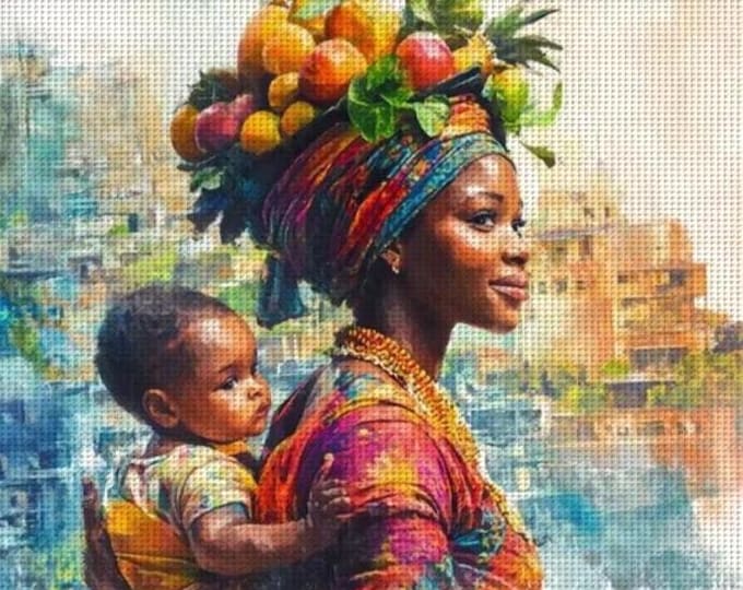 DIY Printed Cross Stitch Kit, Mother and Child Embroidery, 11 or 14 CT, African, Caribbean, Black Women, Latin, 40x40, Kwanzaa, MLK Day gift