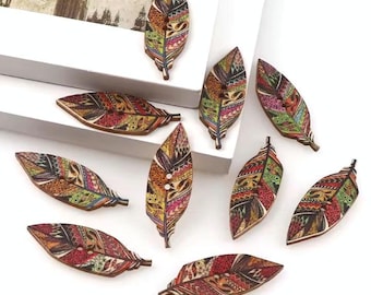 Pretty Wooden Buttons, Painted Carved Leaf Shapes, 50 pieces, Sewing, Decor, Upholstery, Dolls, Holiday Strings, 15x42 mm, Special