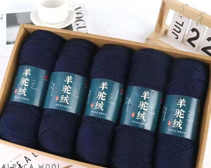 5 Sets Cashmere Alpaca Wool Yarn in Box, Deep Blue, Crochet, Medium Thick, High Grade Handwoven, 500 grams Bundle, DIY Stocking Stuffer