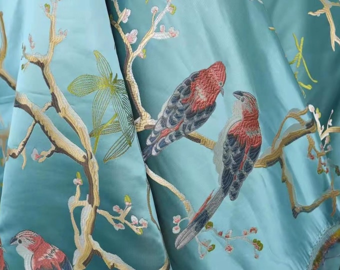 Fabric, Aqua Jacquard, Birds Blossoms, Clothing, Upholstery Pillows Curtains, Collages, Fabric Crafts, 150 cm Wide, Sold By The Meter, Soft