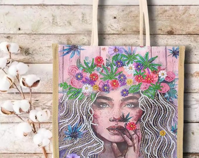 DIY Diamond Paint a Canvas Tote, Morning Without Makeup Selfie, Printed Canvas, DMC Colors, Mini Size, Seams, Craft Fashion, Live Design