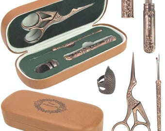 Mini Sewing Kit in Eyeglass Case, Full Travel Set, Bronze Portable Quality Sew Embroidery Tools, Scissor Thimble, Tape Measure, Elegant Cute