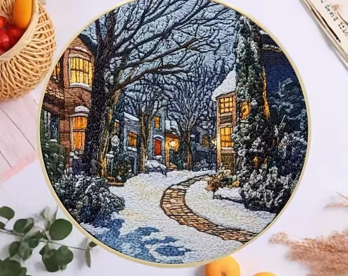 Embroidery DIY, Starter Kit, Winter Street, Printed Cross Stitch Beginners, Cotton Thread, Hoop, DIY Decor or Gift