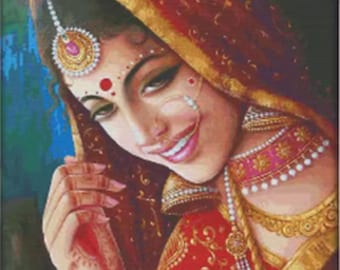 Printed Cross Stitch Kit, Embroidery Aida 11 or 14CT, Printed Cotton Fabric Canvas, Indian Bride in Blush