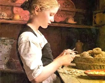 Embroidery Kit with Unprinted Canvas, Daughter in Country Kitchen Peels Potato, 3 Size Options, 14CT, Handmake Fine Art