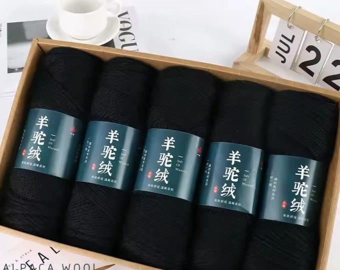 5 Sets Cashmere Alpaca Wool Yarn in Box, Black, Crochet, Medium Thick, High Grade Handwoven, 500 grams Bundle, DIY Gift, Stocking Stuffer