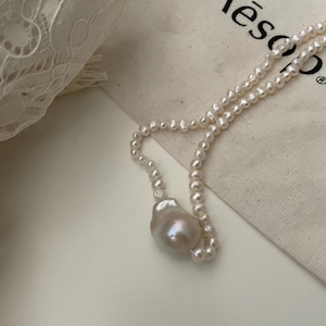 Handcrafted Pearl necklace, Natural Large White Baroque Pearl necklace with small Pearl chain, 925 silver, Christmas GiftFreshwater Pearl