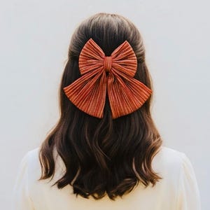 Könnte beinhalten: Große, rostfarbene, plissierte Haarschleife. Die Schleife ist auf dem Hinterkopf einer Person zentriert, mit langen, welligen, braunen Haaren, die herunterfallen. Der Hintergrund ist eine schlichte, weiße Wand.