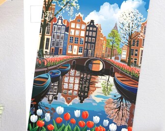 Cartes postales d'art d'Amsterdam, Cartes Paysage urbain coloré, Décoration de printemps, Cadeaux de voyage, Décoration d'intérieur, Papeterie pour amateur d'art