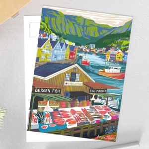 Postales de Bergen, Noruega: arte ilustrado de viajes por el histórico mercado de pescado y el puerto