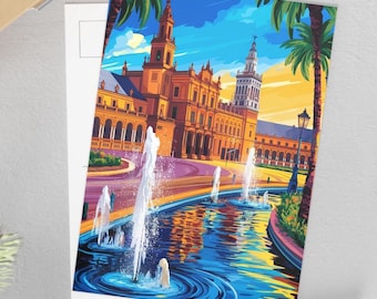 May include: A colorful postcard featuring a depiction of a plaza in Seville, Spain. The plaza is surrounded by buildings with orange and yellow facades, and there are palm trees and fountains in the foreground. The sky is blue with white clouds.